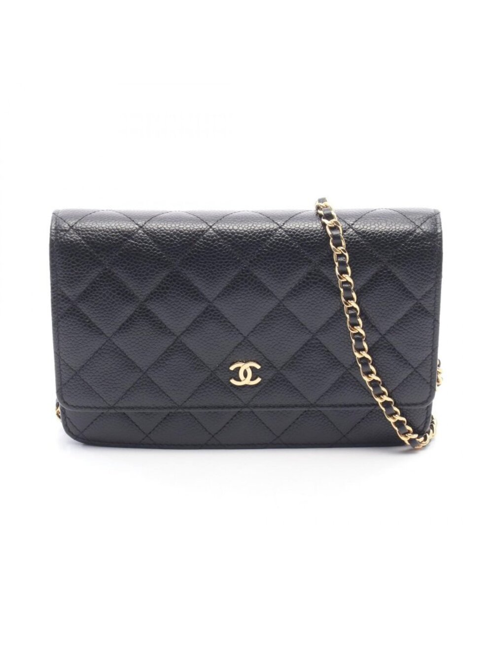 Chanel Shoulder Bag Quilted Black Caviar Leather Chain Wallet